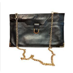 70s Vintage Black Leather Envelope Clutch Purse with Gold Hardware and Chain